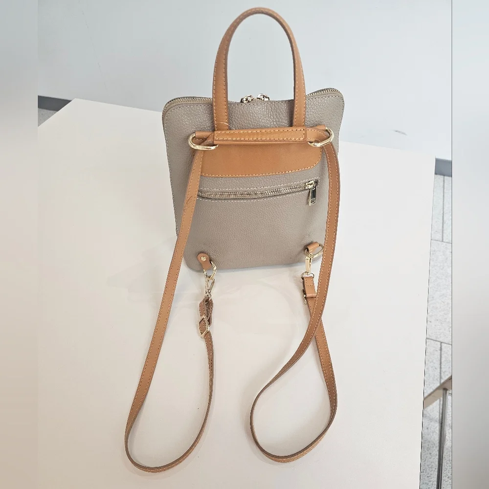 Taupe and Tan Leatherette Women's Backpack - Minimal Pocket Design